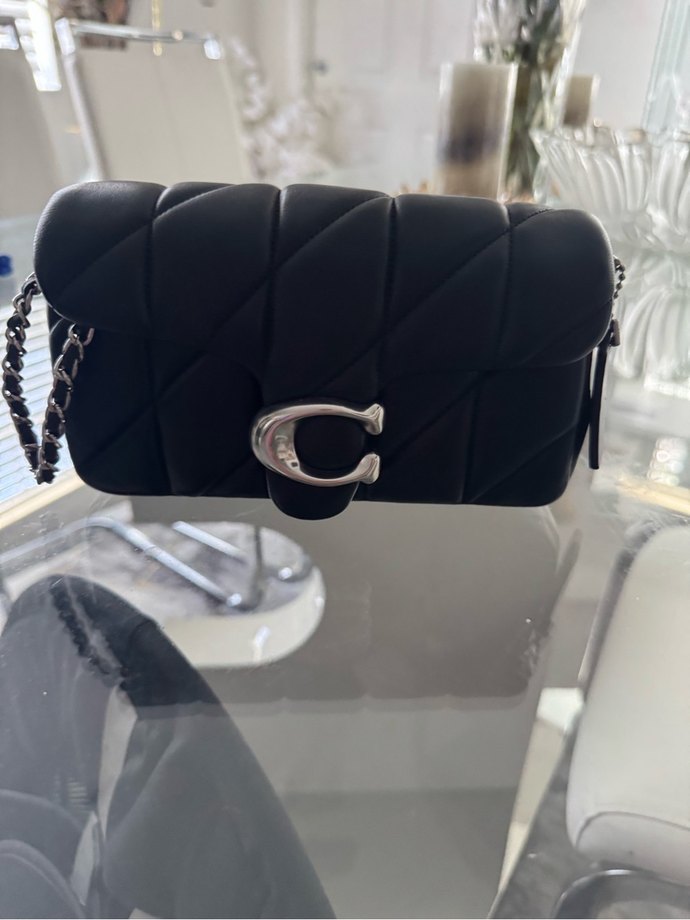Black Quilted Shoulder Bag with Silver Hardware